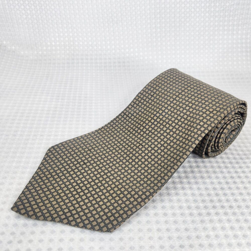 DKNY Men's Silk Tie Tan Black Geometric Square Pattern Necktie